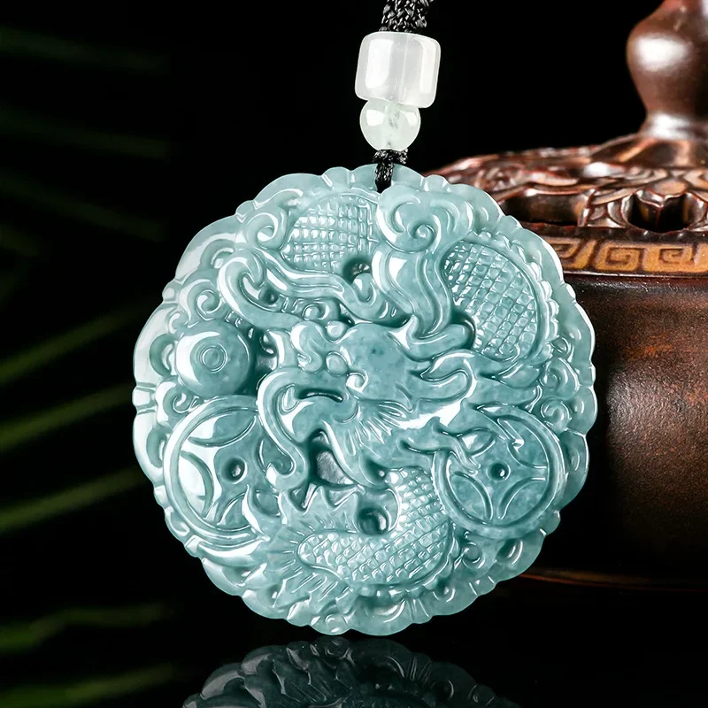 

MaiChuang/Hand-carved/Natural Jade Blue Water Money Dragon Necklace Pendant Emerald Fashion Fine Jewelry Men Women Couple Amulet