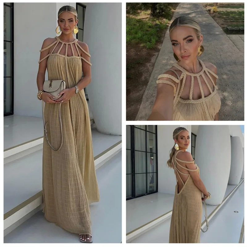 

Sexy Hollow Sleeveless Women Long Dress Solid Color Wide Truffle Back Dress Fashion Beach Vacation Vest Long Robe Evening Dress