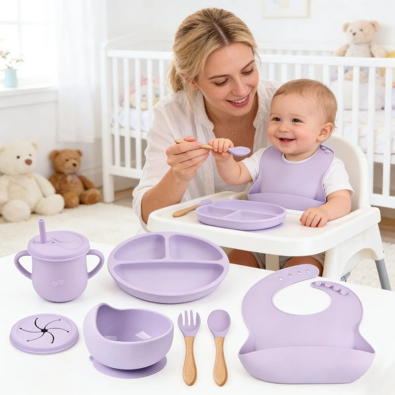 

Миски и ложки для еды для малышей, можно мыть в посудомоечной машине, нескользящая 3-секционная присоска с разделителем, детский силиконовый набор для кормления