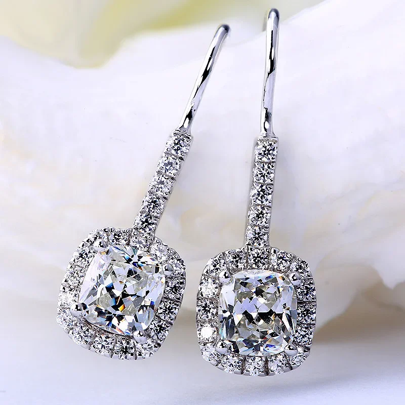 S925PureSilver Four Prong Round Moissanite Earrings Platinum Plated Micro Paved Hook Studs For Women With Cubic Zirconia Details