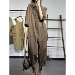 Solid Playsuit Oversize Jumpsuits Women Half Sleeve One Piece Outfit Women High Waist Patchwork Pants Overalls for Women Clothes