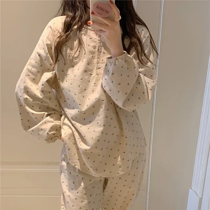 

Set Autumn Out Winter Elegant Vintage Sweet Wear New Loose Pajamas Home Soft Floral Flower Princess Sleeve Kawaii Long Women