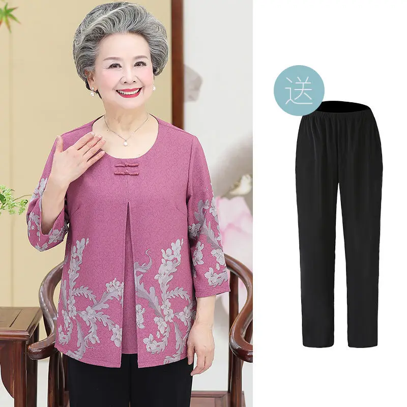 Retro Elderly Mother Spring Summer Fall Clothes 60-85 Years Old Grandma T-Shirt Pant Suit 2 Piece Sets Womens Outfits XL-6XL