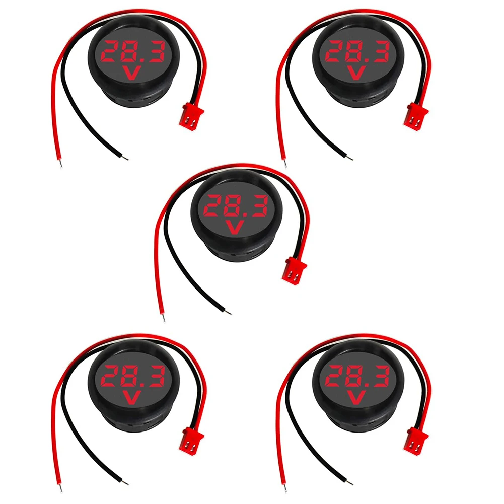 5PCS DC 4-100V LED Digital Round Voltmeter Red Blue Green 2 Wire Current Meter Detector For Car For Auto Battery Voltage Testing