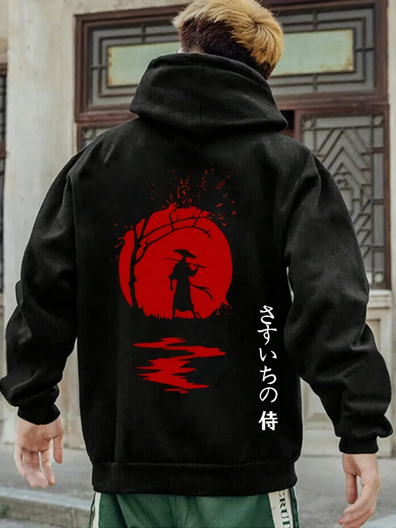 Japanese Samurai Silhouette, Red Sun Reflected on Water, Men's Printed Sweatshirt, Harajuku Style Loose Street Sweatshirt