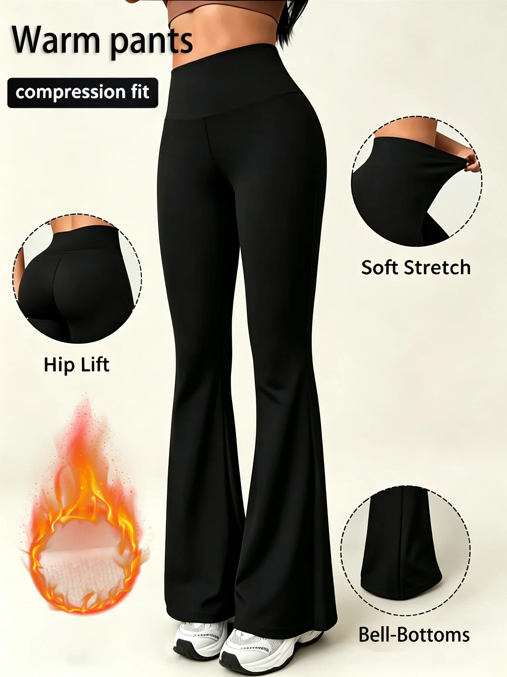 Damen Winter Fleece-Gefütterte Weite Schlaghose mit Hoher Taille, Po-Lifting-Effekt, Thermisch Dick Warm, Dehnbar, für Sport, Fitness, Jogging, Freizeit – Detail 2