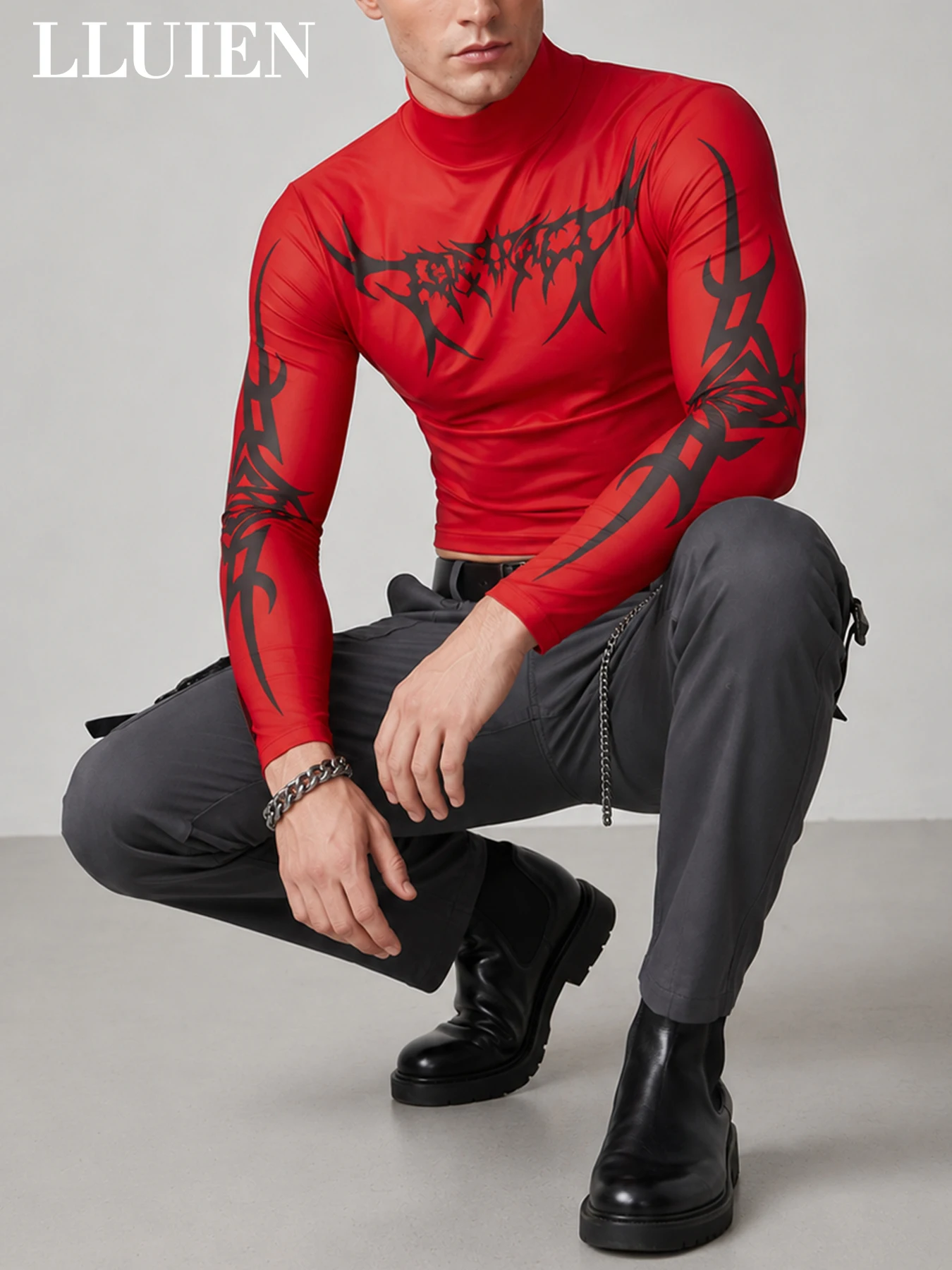 LLUIEN 2026 New Fashion Men's Cropped T-Shirt Long Sleeve Turtleneck Print Tee Shirts 100% Polyester Nightclub Mesh Tight Tshirt