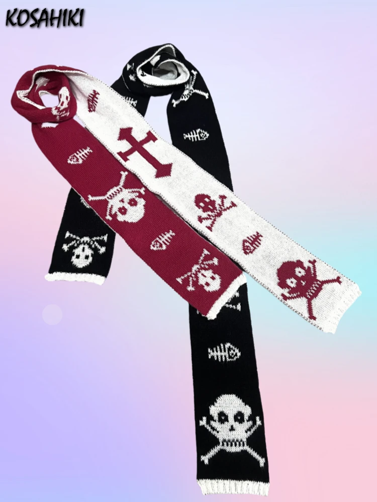 Y2k Aesthetic Girl Skull Printing Scarf Harajuku Two-sided Warmth All Match Neckerchief 2024 Japanese Fgrunge Streetwear Scarves