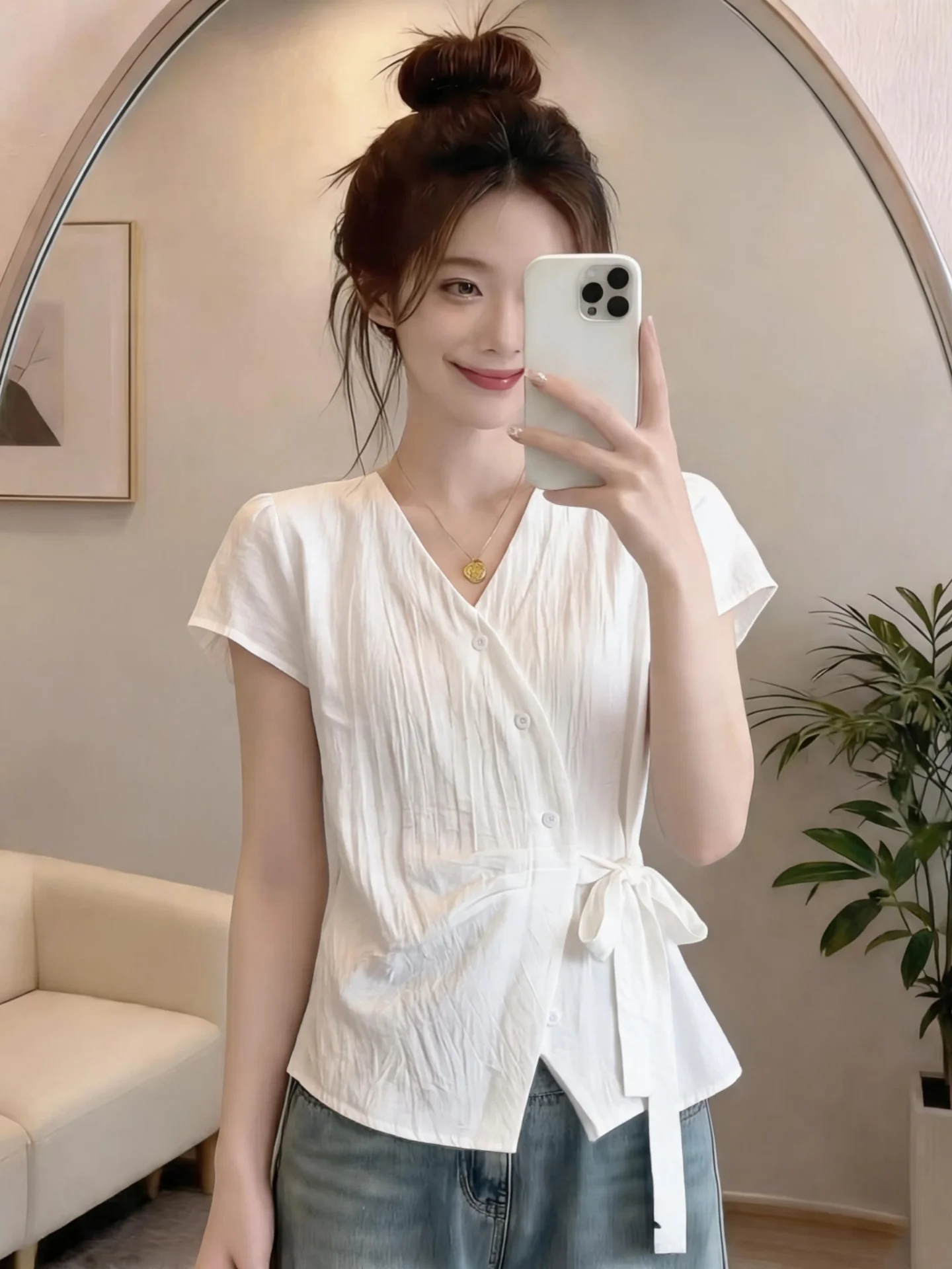 

Slimming Design Cross V-Neck Short Sleeve Shirt Women's Summer New Style plus Size Tie Waist Short Length Top Korean Style