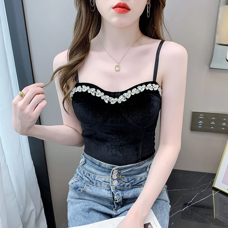 Fashion Shining Diamond Luxury Women Tank Tops Black velvet Sexy Crop Top High Street Banquet Nightclub Female Top Vest