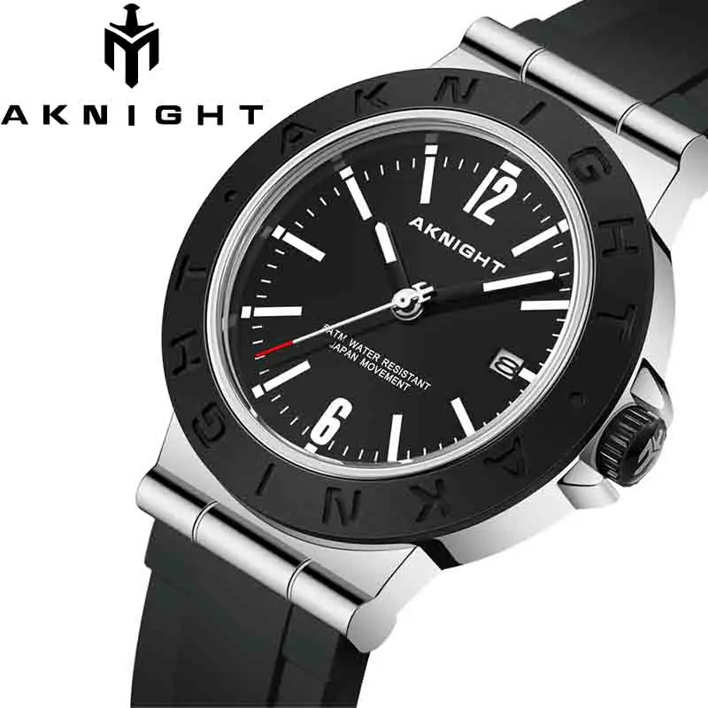 AKNIGHT Sport Watch for Man Black Silicone Strap Quartz Movement Waterproof Watches Fashion Casual with Date Clock Reloj Hombre