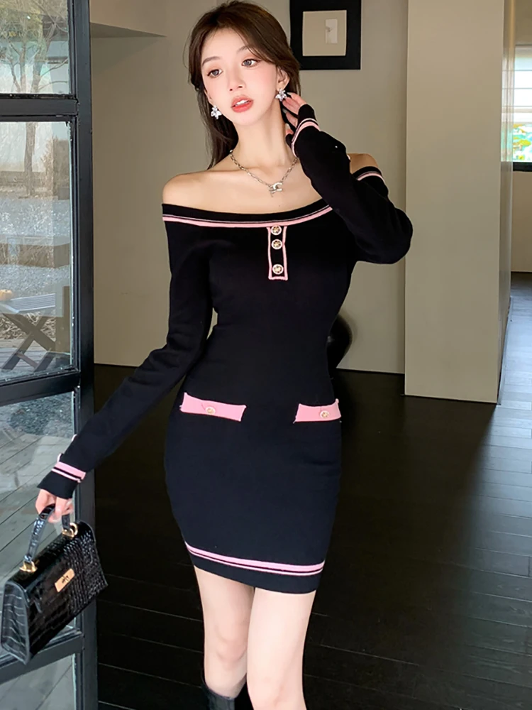 2024 Black Knitted Slash Neck Sexy Mini Dresses Autumn Winter Korean Vintage Hepburn Prom Clothes Women Elegant Bodycon Vestidos