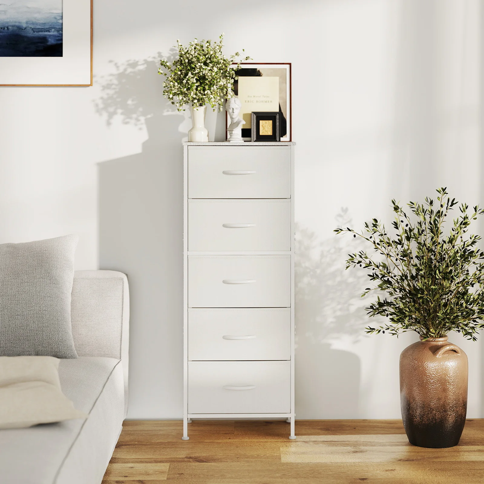 MCQ 5 Fabric Tall Drawers Cabinet  with Removable Fabric Bins Sturdy Steel Frame Wood Top Organizer Furniture for Living Room