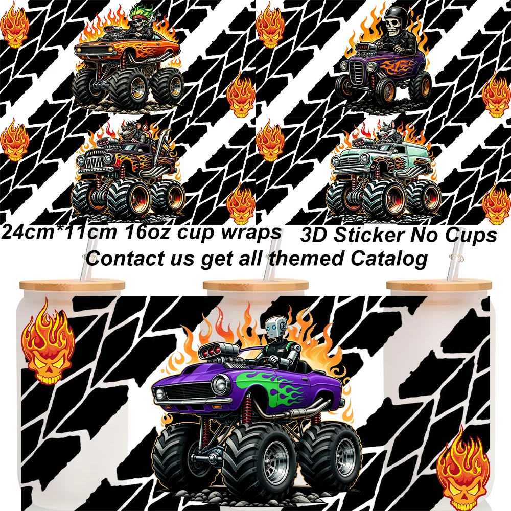 Boy's Passion Off Road Truck 3D Transfer Sticker Cartoon Monster Truck Uv Dtf Cup Wrap Sticker For 16oz Cup DIY Sticker Gift