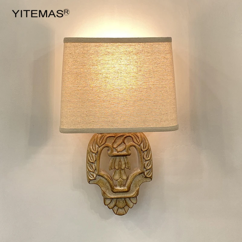 

Vintage Wooden Wall Lamp With Fabric Shade Retro Wall Sconce Bedroom Bedside Lighting Decorative Loft Stairs Lamp In Living Room