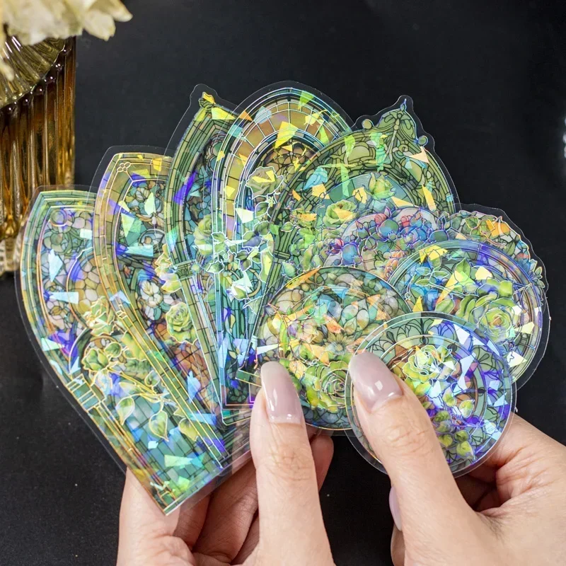 6 Style Aesthetic Stained Glass Stickers Floral Window Light for Journal