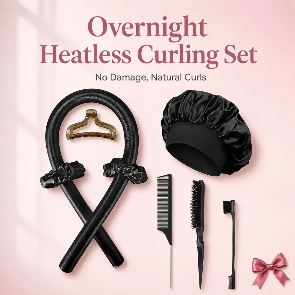 Satin Heatless Curling Set for Women Overnight Hair Styling Kit No Heat Curlers Sleep Bonnet Clip Hair Tie Set Beauty Gift