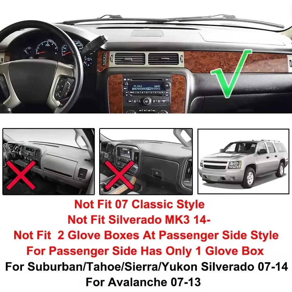 for Chevrolet Suburban Tahoe 2007-2013 Avalanche Silverado Car Dashboard Cover Dashmat Non‑Slip Protective Dash Mat Pad Auto