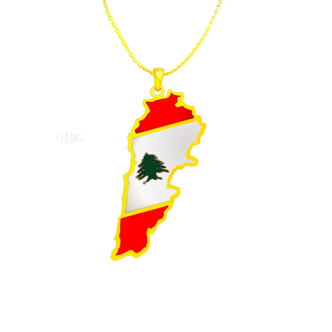 Stainless Steel Titanium Steel Etching Epoxy Necklace Foreign Trade O-Shaped Chain Lebanon Country Map Pendant