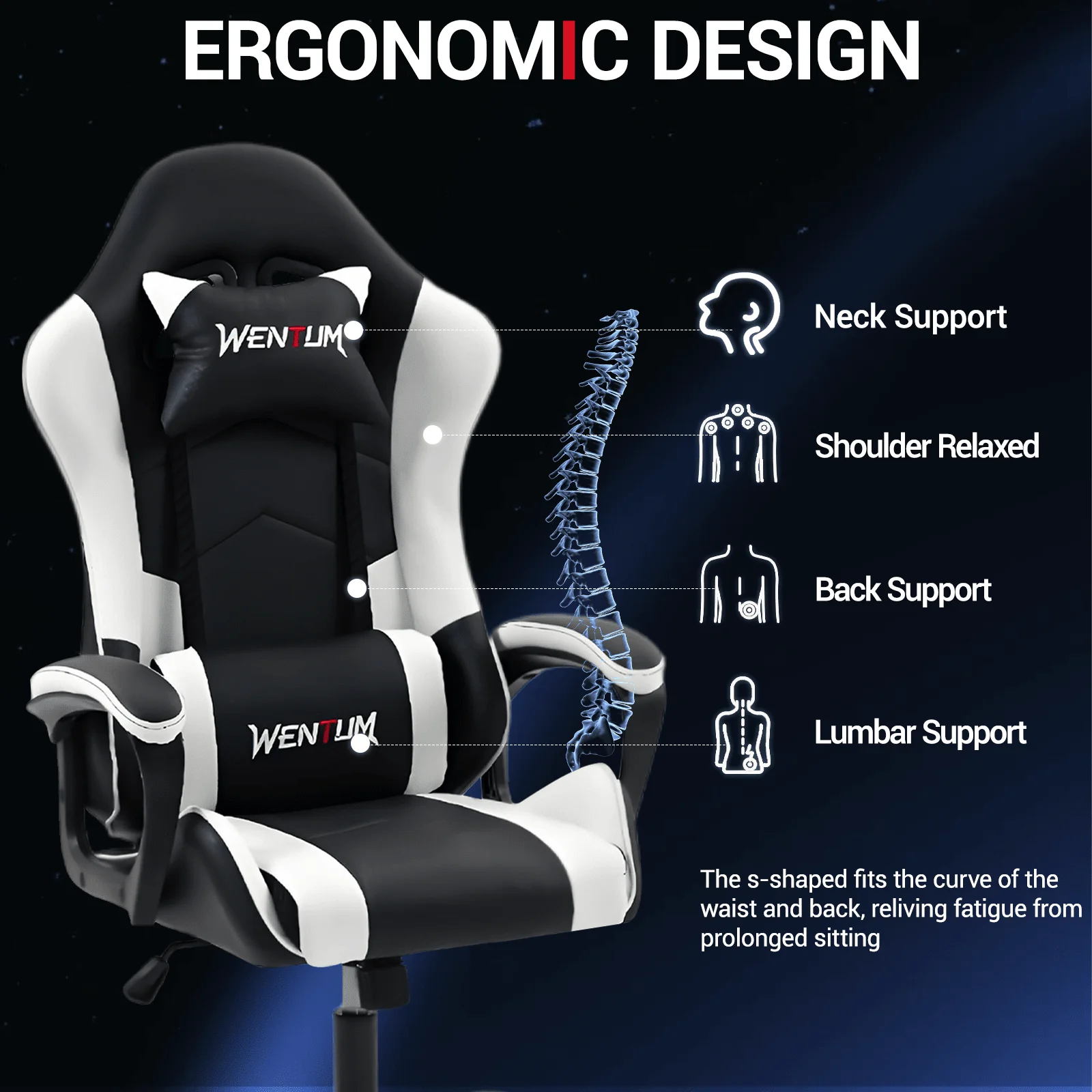 Ergonomic Gaming Chair Racing Style Office Chair, Computer Desk Chair, Swivel Reclining PU Leather PC Gamer Chair, White view 3