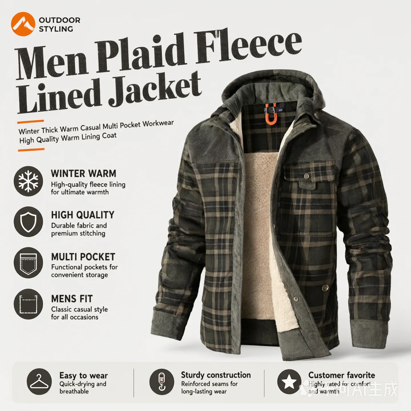 Men Plaid Fleece Lined Jacket Winter Thick Warm Casual Multi Pocket Workwear High Quality Warm Lining Coat