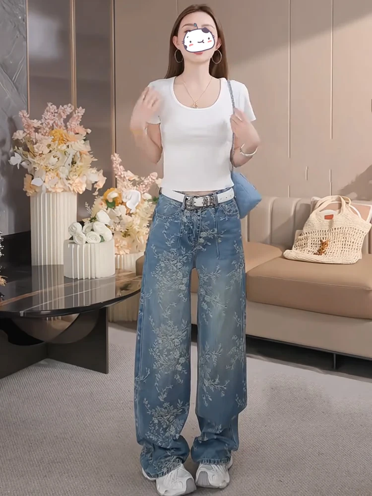 

Джинсы женские Yang an Heavy Industry с вышивкой, с высокой талией, прямые, широкие, длинные, новая дизайнерская модель