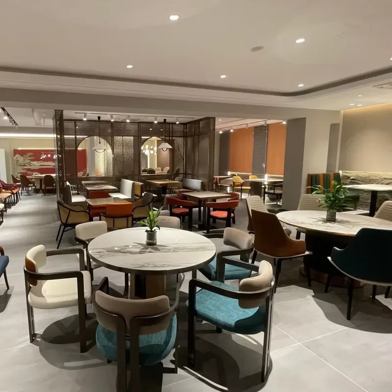 Indoor Cafe Furniture Burnt Stone Table and Chair Set Round Reception Conference Table Lounge Area Leisure Seating
