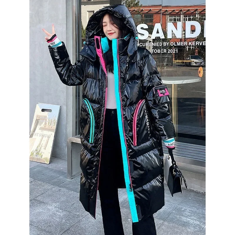 White Duck Down 2024 New No-wash Winter Down Jacket Over-the-knee Mid-length Loose Patchwork Bread Jacket Fashionable and Warm