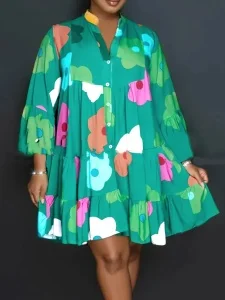 Women Plus Size Floral Print Shirt Dress Loose V Neck Button Down Puff Sleeve Casual Flowy Swing Tunic Dress