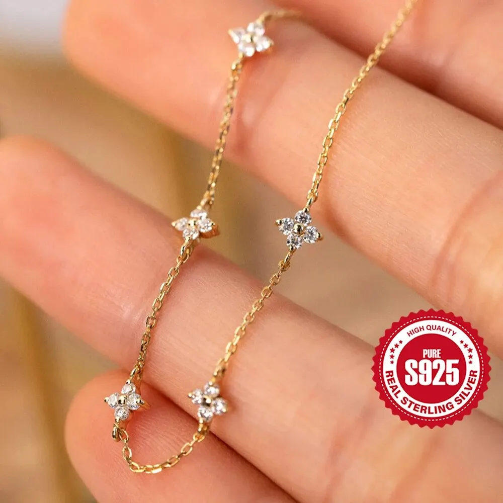 MC 100% Real 925 Sterling Silver Clear Zircon Flower Pendant Bracelet Chain for Women's Fine Jewelry Gift Gold Bracelets Bangles