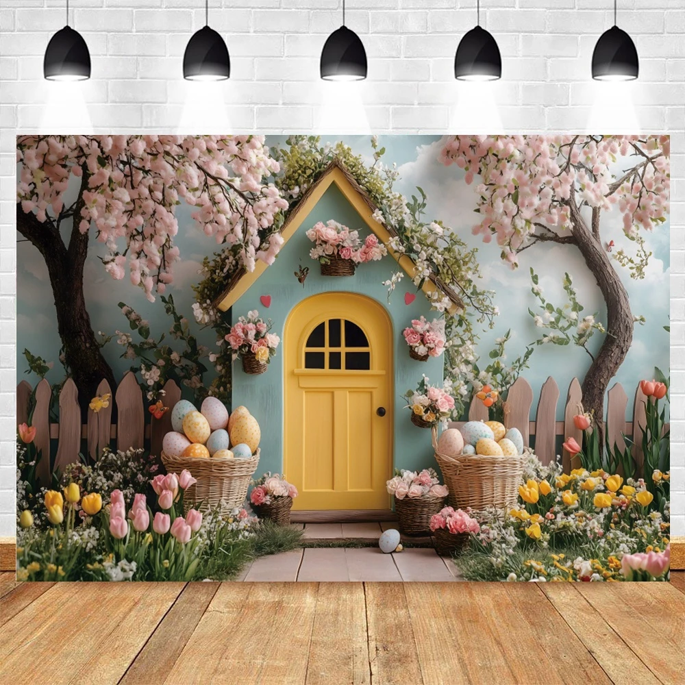 Spring Flowers Wooden House Photography Backdrop Happy Easter Kids Birthday Party Decoration Baby Shower Background Photo Props