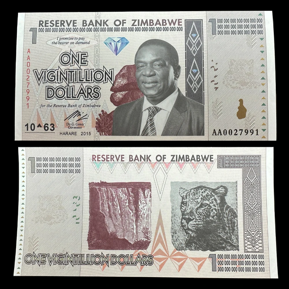 

Zimbabwe One Vigintillion Dollars Paper Money Harare 2015 Africa UNC Notes Collection Diamond Fluorescence Effect