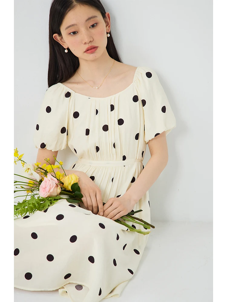 ZIQIAO French Style Black White Dot Summer Long Women Dress Square Neck Lantern Sleeve High Waist Retro Long Dress 24ZQ92181