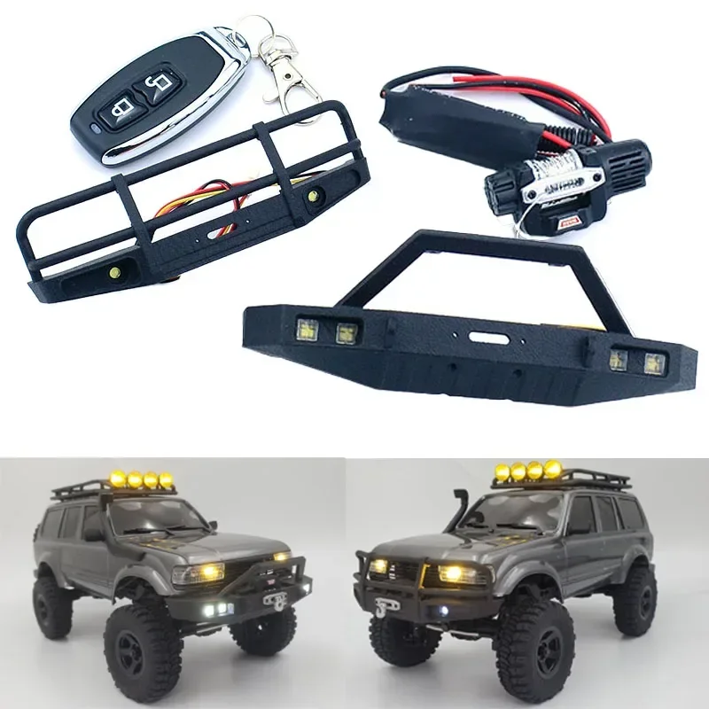 LED Simulation Front Bumper with Lights Winch Controller for 1/18 RC Rock Crawler Car FMS FCX18 LC80 Toyota Truck Upgrade Parts