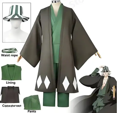 Hot Anime Bleach Cosplay Urahara Kisuke Gotei 13 Costume Kimono Uniforme Mantello Top Pantaloni Cappello Vestito Per La Festa di Carnevale di Halloween