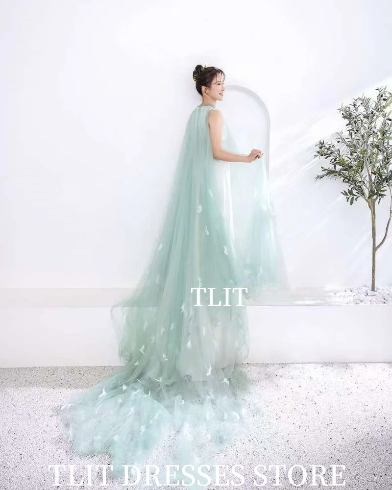 فساتين سهرة أنيقة من TLIT باللون الأخضر الفاتح من التل فساتين زفاف كورية لالتقاط الصور ورقبة دائرية سويب تراين فساتين حفلات مخصصة