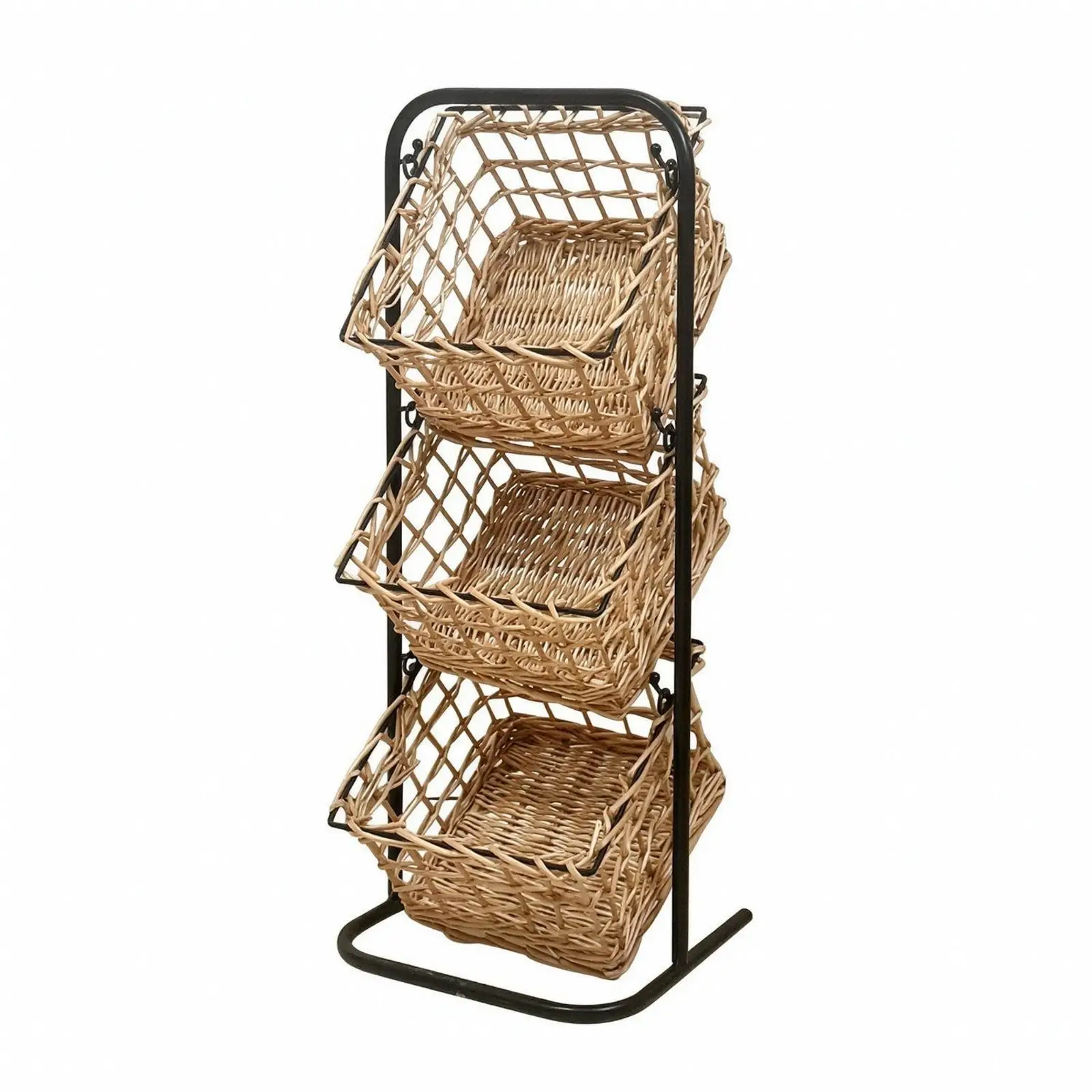 Compact 3 Tier Storage Shelf Organizer Rack with Woven Baskets Sturdy Willow Iron Frame for Living Room Entryway Kitchen