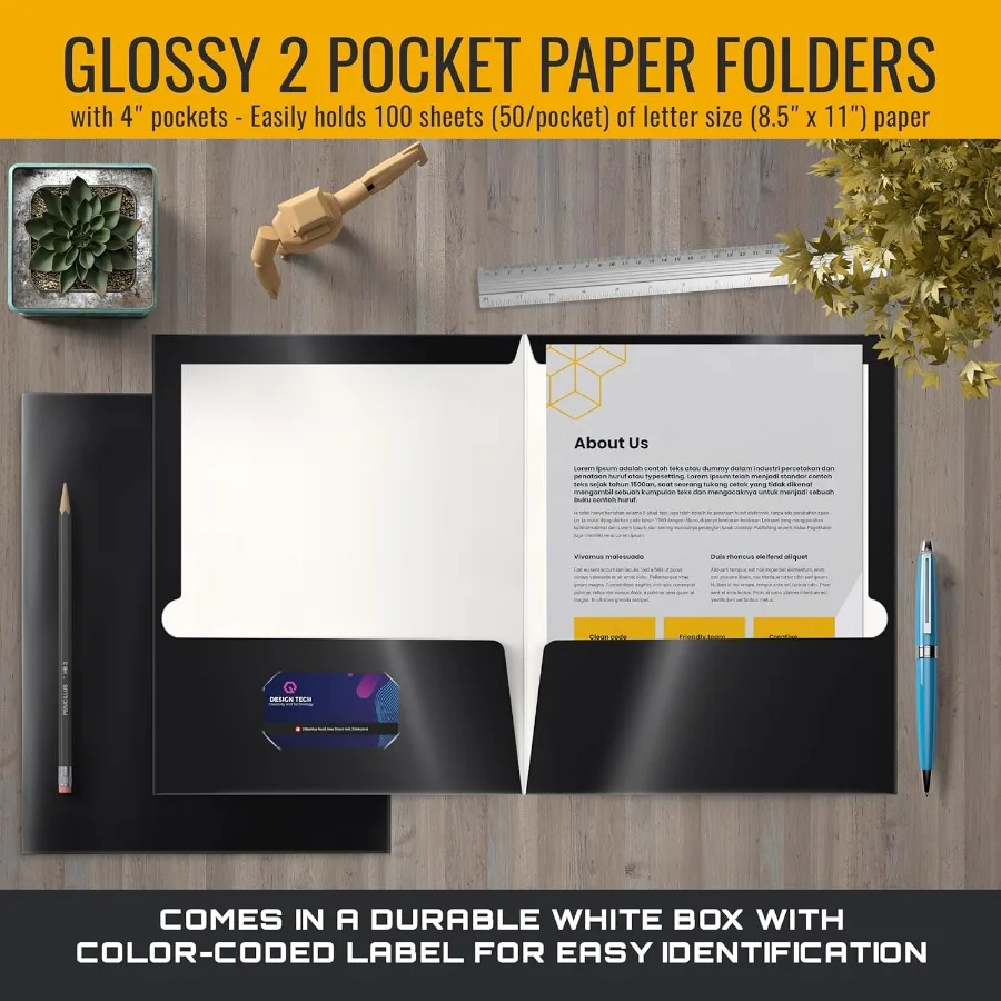 사무용 레터 사이즈 블랙 종이 포트폴리오, 2포켓 광택 라미네이트 처리된 블랙 종이 폴더, 견고한 마감 처리로 이상적