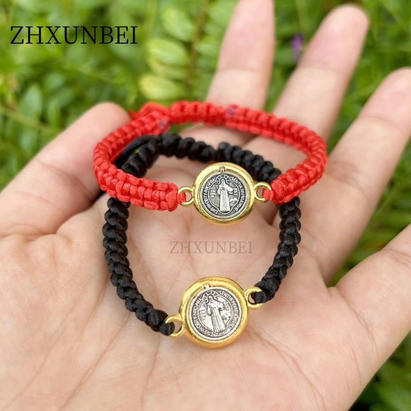 الكاثوليكية الأحمر الأسود حبل سلسلة سان بينيتو أساور اليدوية حماية سانت بنديكت أساور للرجال النساء الهدايا