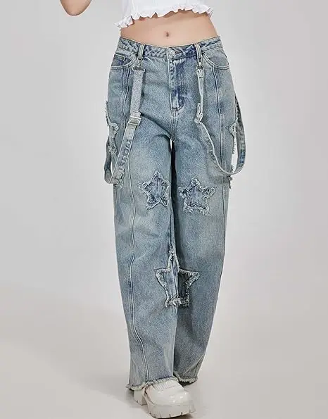 USA Stock-  Women's Wide Leg Baggy Denim Bib Pants Jeans Pants with Detachable Shoulder Straps and Pockets view 5