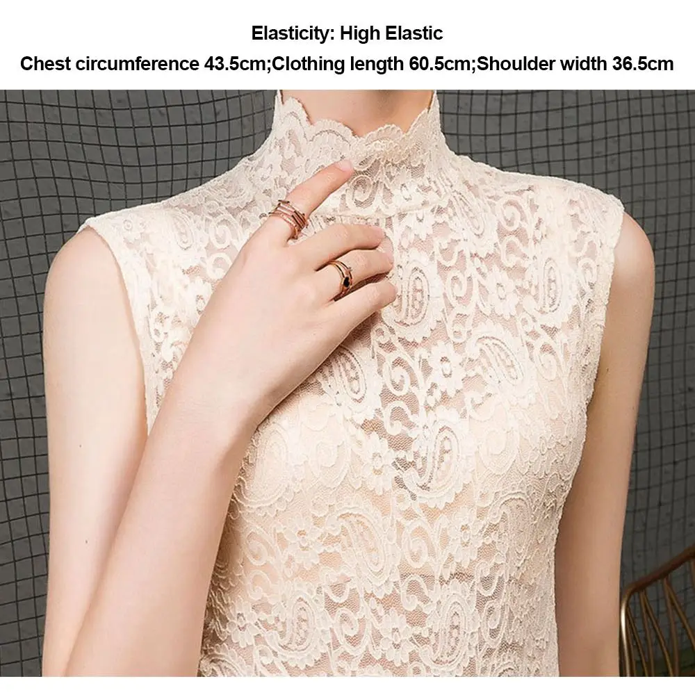 ファッションハーフハイカラー花柄タンクトップ中空ブラックホワイトレースシャツノースリーブベスト女性女の子