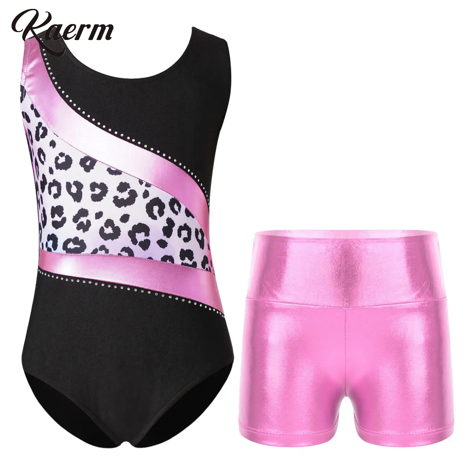 2 Stück Leoparden gymnastik Ballett Tanz Sport Outfit ärmellose einteilige Trikot mit Beute Shorts sportliche Tumbling Unitard