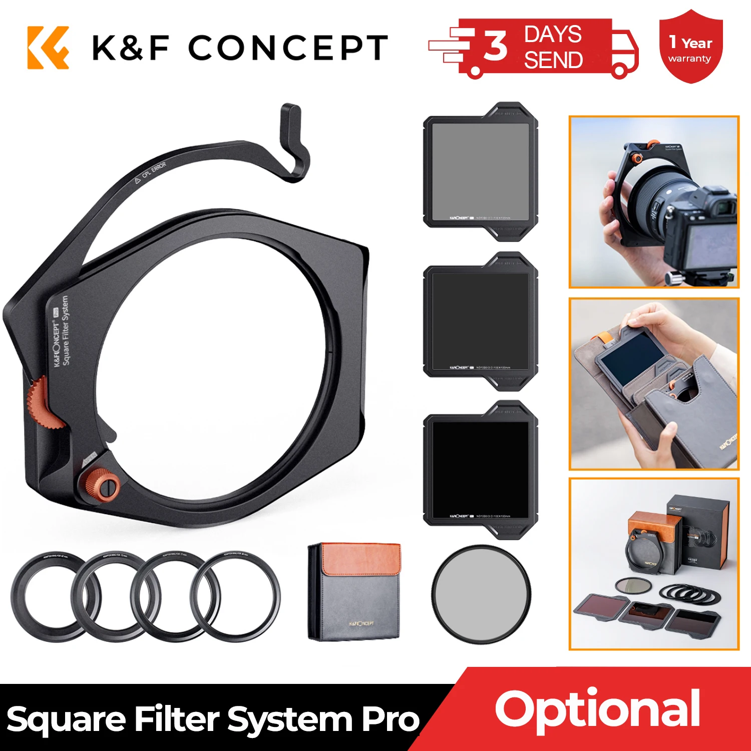 K&F CONCEPT Square Filter Holder System Pro Kit Multi-Coated Neutral Density ND8 ND64 ND1000 CPL Filter Set for Camera Lens DSLR