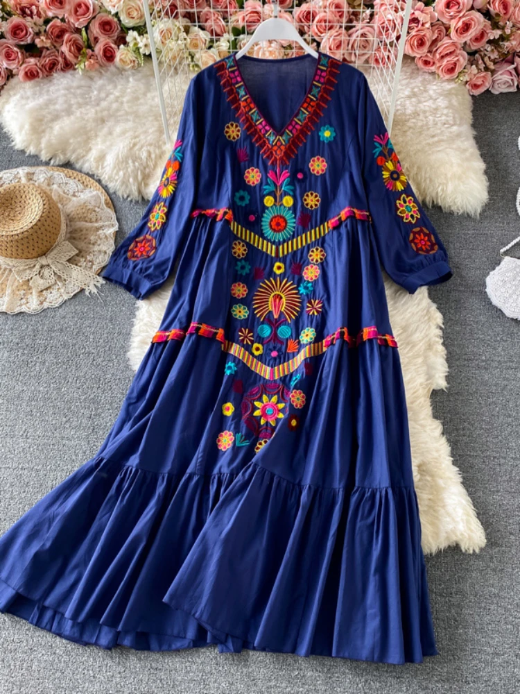 

Women Fashion Vintage Elegant Loose Beach Resort Dresses Spring V-neck Lantern Sleeves Bohemian Ethnic Style Robe vestidos