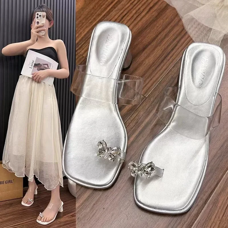 

Women's Butterfly Crystal Sandals Square Toe High Heels Transparent Strap Slippers Sexy Luxury Hot Selling Zapatillas De Mujer