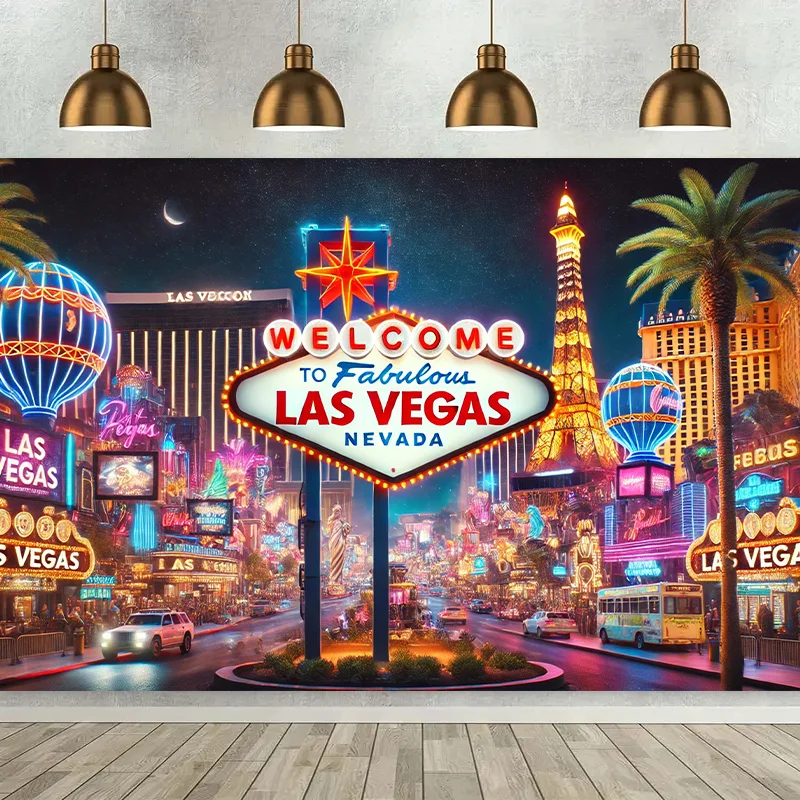 Las Vegas Neon Night Tapestry, Vibrant City Skyline Wall Art for Modern Living Room and Party Decor, Large Size