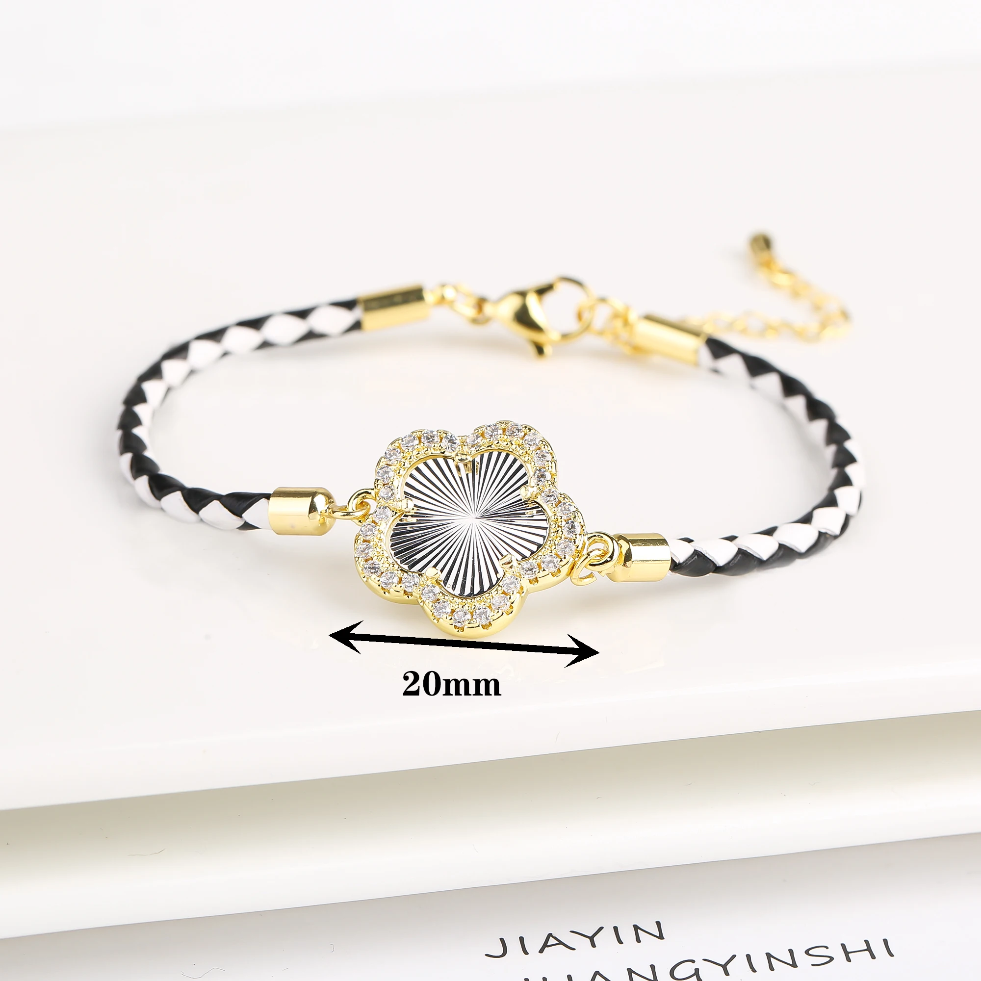 Classic Genuine Leather Woven Natural Stone Flower Charm Bracelet