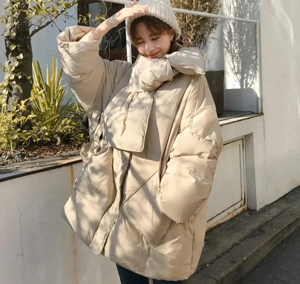 White Duck Down Coat Women Round Neck Loose Thicken Parkas Warm Outwear Winter New Fashion Female Scarf