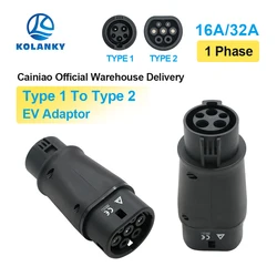 Kolanky EV Adapter Type1 to Type2 32A Single Phase Compatible with J1772 Charger for Electric Car with Type 2 Charging Socket