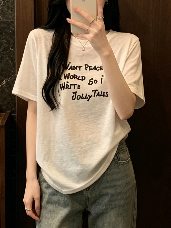 

plus Size Summer Women's T-Shirt round Neck Letter Print Short Sleeve Drawstring Uneven Hem Korean Style Breathable Casual Top